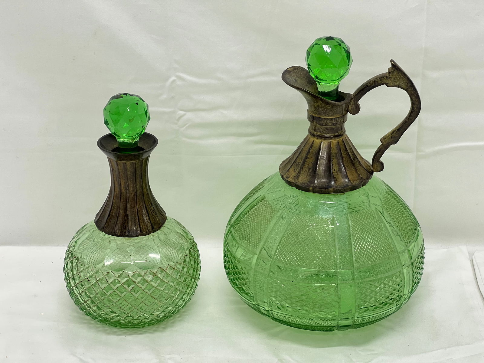 (2)Vintage Green Glass Decanters/Jugs - (1)7.5''T, (1)w/ Handle 9''T (1 of 5)