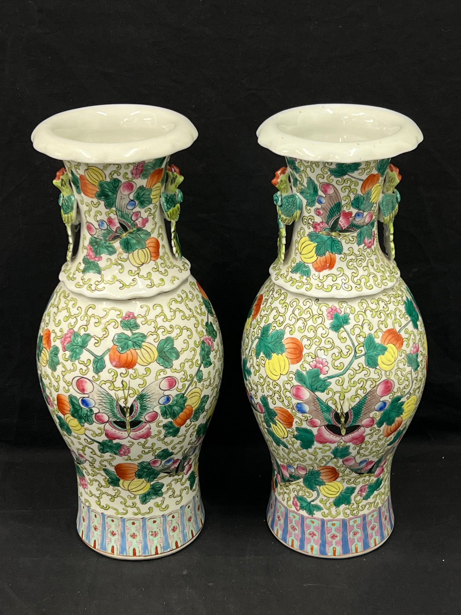 Pr Tall Asian Porcelain Vases Butterfly Motif 18''T x 6''- Raised Bird Handles: Pr Tall Asian Porcelain Vases Butterfly Motif 18''T x 6''- Raised Bird Handles