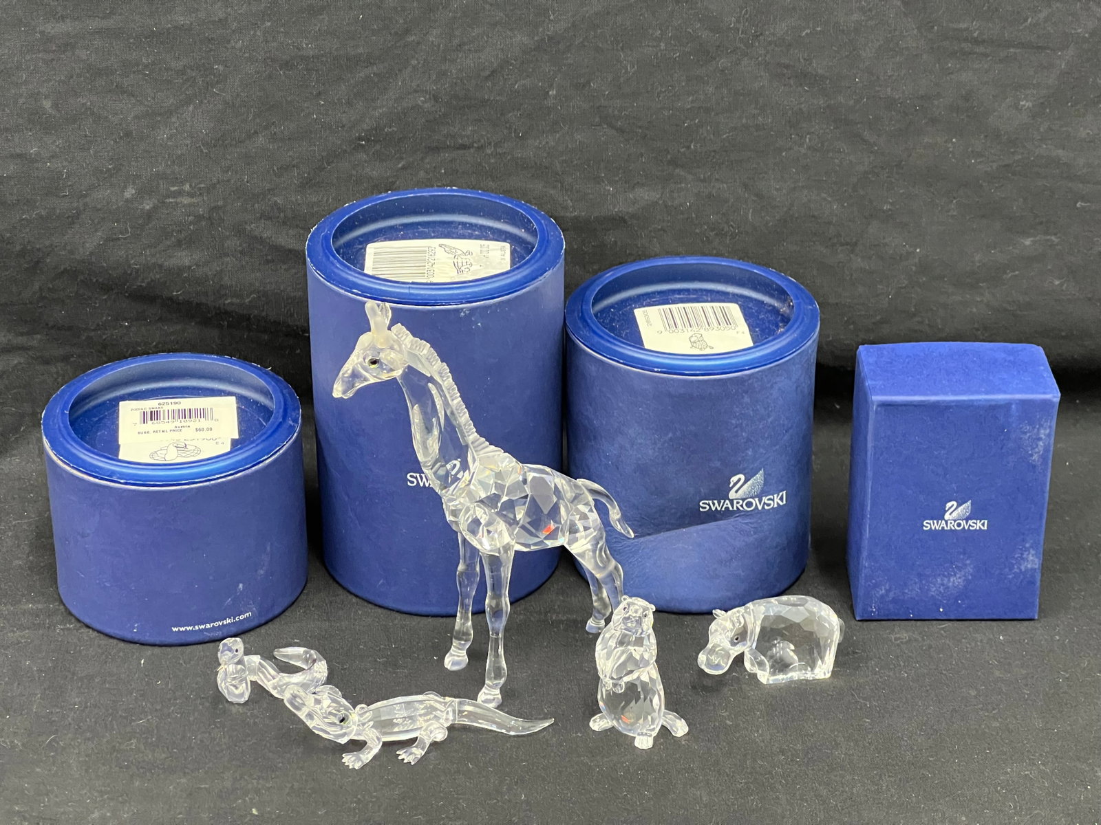 5pcs Swarovski Crystal Figures - Snake, Alligator, Hippo, Beaver? + Giraffe (Has Been Repaired) - 4: 5pcs Swarovski Crystal Figures - Snake, Alligator, Hippo, Beaver? + Giraffe (Has Been Repaired) - 4 w/ Boxes