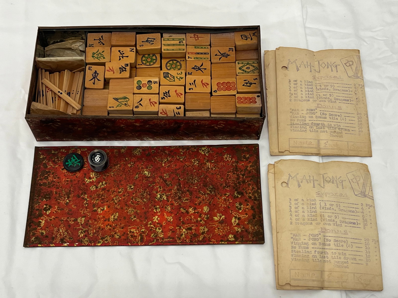 Antique Mah-Jong Bamboo w/ Tin Container: Antique Mah-Jong Bamboo w/ Tin Container
