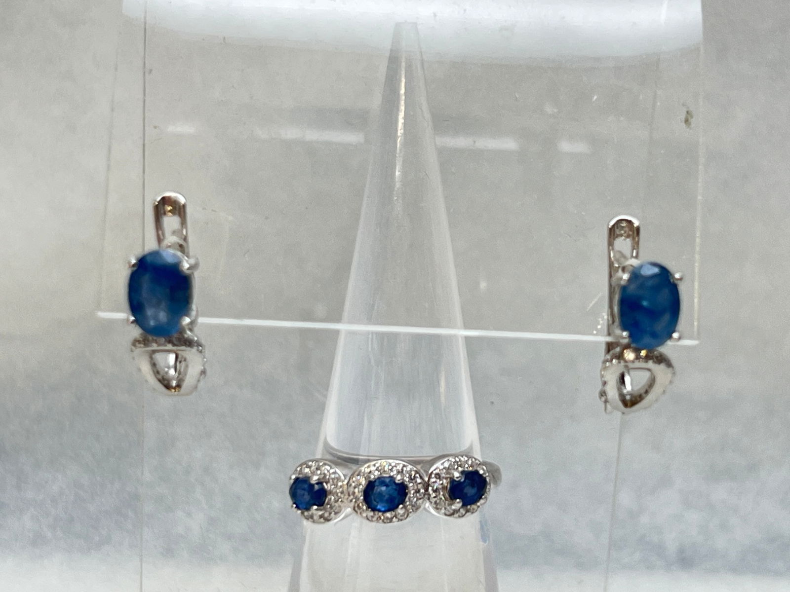 Natural Sapphire Sterling Silver Ring & Earring Set, Sz 7 (1 of 5)