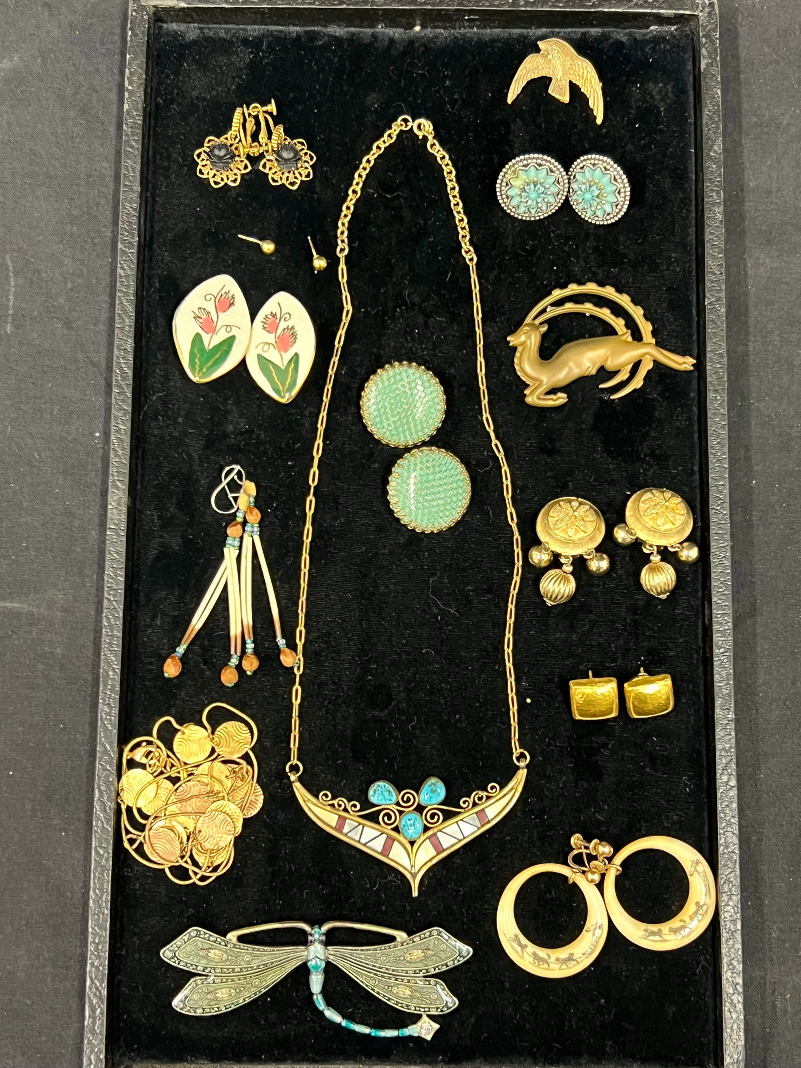 Asst Jewelry, Catherine Popesco Dragonfly,M.O.P., More- Mother of Pearl w/ Turquoise Necklace, Vtg: Asst Jewelry, Catherine Popesco Dragonfly,M.O.P., More- Mother of Pearl w/ Turquoise Necklace, Vtg Deer Pin, Etch Hoop Earrings, Enamel + Popesco Enamel Dragonfly