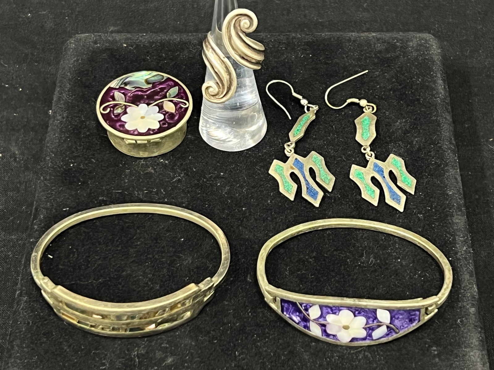 Asst Mexican Silver / Sterling Jewelry - Swirl Ring Sz 7, Abalone Bracelet, Inlaid Stone Earrings, (1 of 7)
