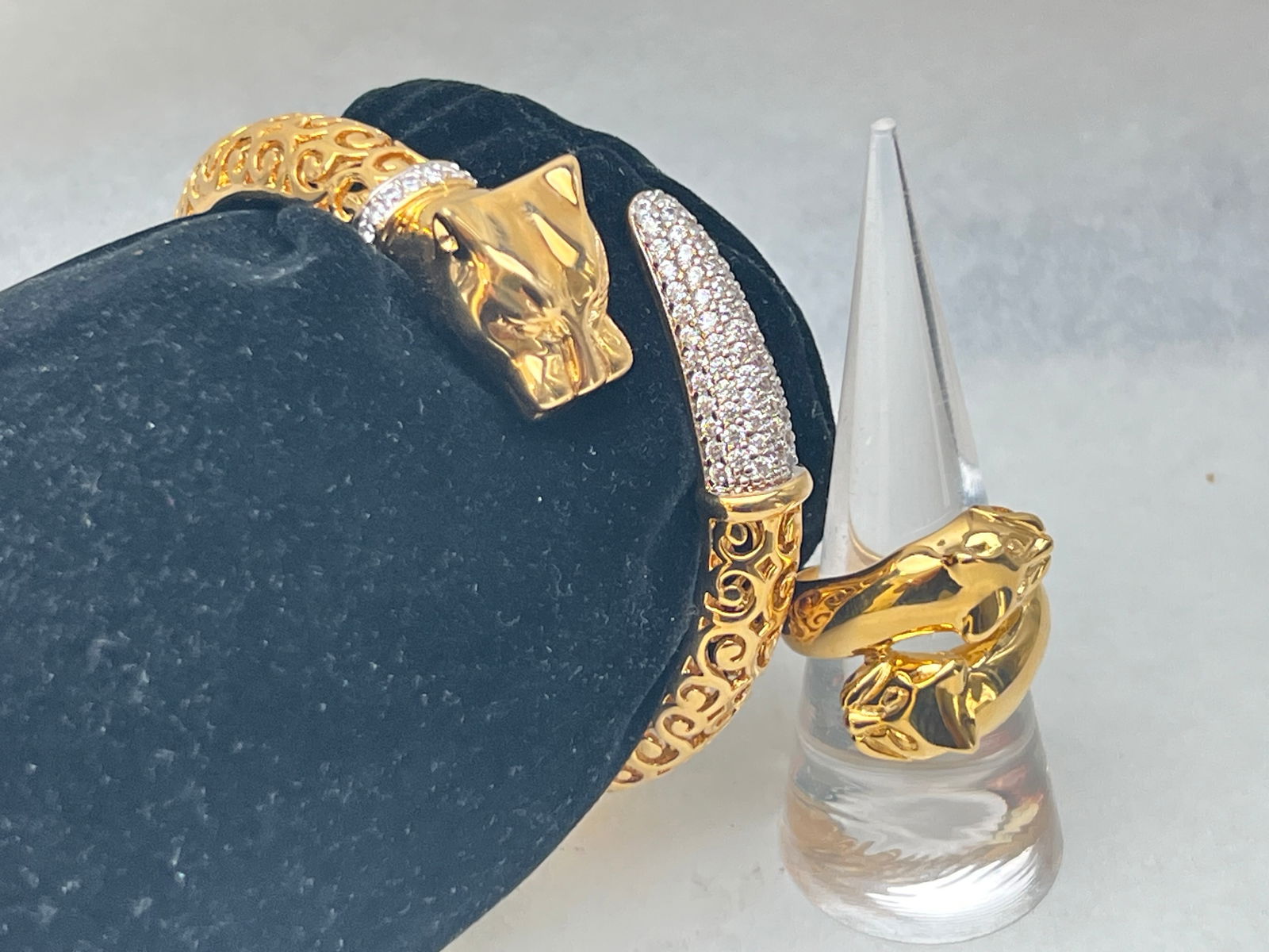 Italy Bronze CZ Panther Bracelet & Ring - Hinged Bracelet w/ CZ, Ring Sz 7.5 (1 of 7)