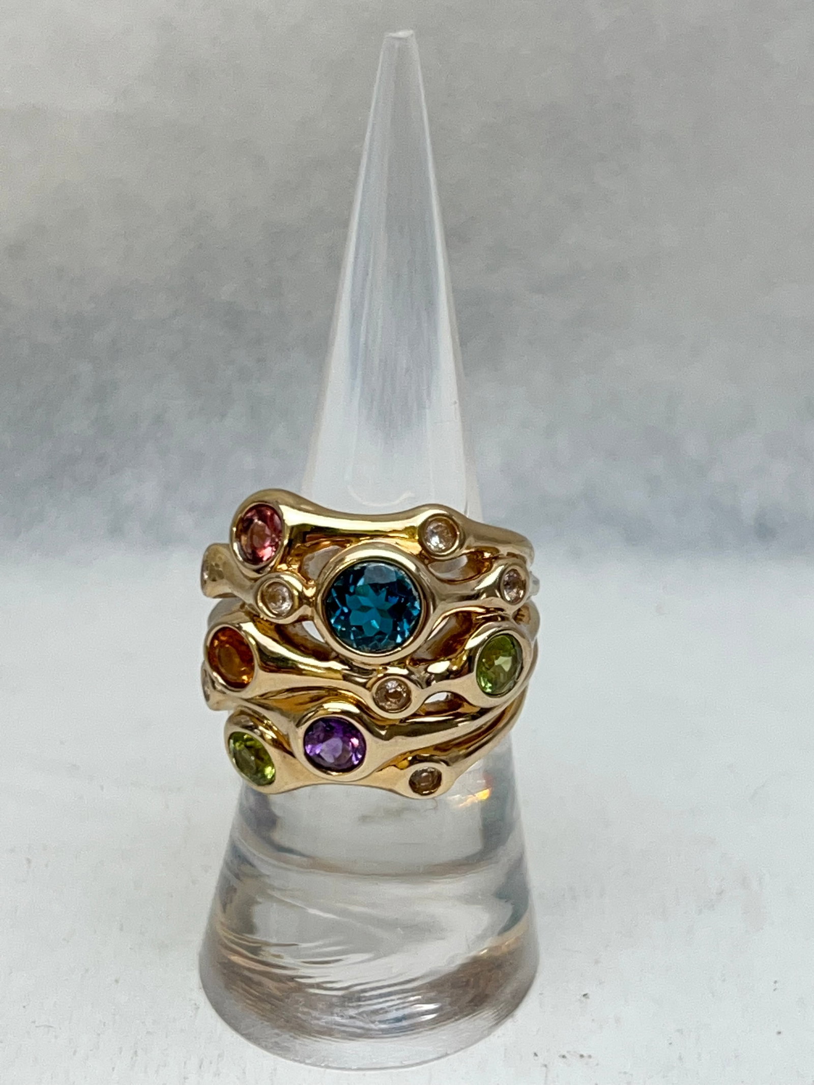14K Gold Gemstone Ring, Sz 7, 6.1g TW - Hallmarked 14K F.P China - Citrine, Peridot, Amethyst, (1 of 4)