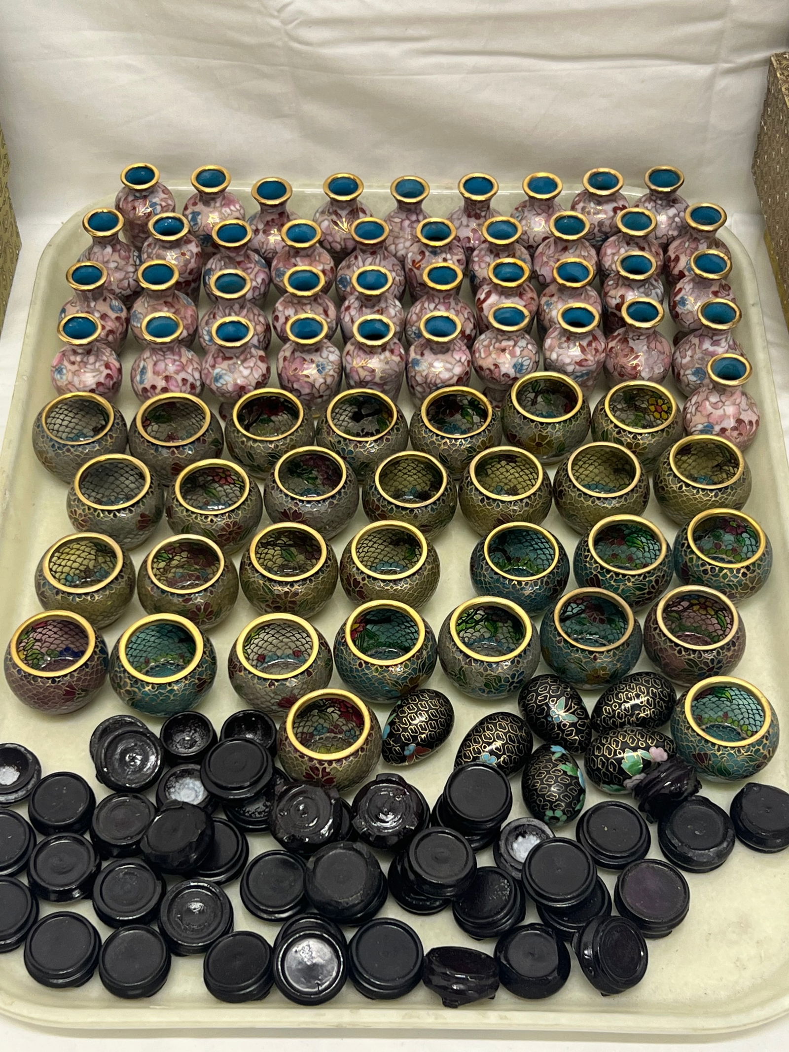 (75)Asst Chinese Miniature Vases,Eggs, Enamel - (6)Eggs w/ Stands 1.5'', (40)Urn / Vases 2'' w/ (1 of 6)