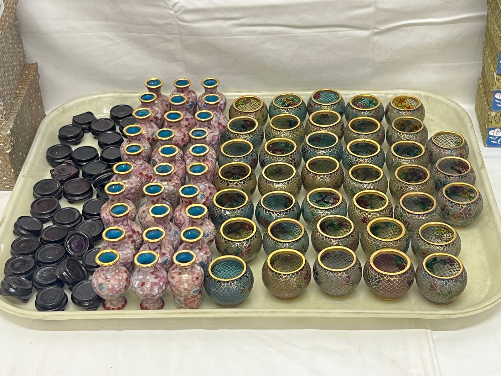(68)Chinese Miniature Vases, Enamel Bowls - New Old Stock w/ Boxes - (30)2'' Vases w/ Stands, Enamel (1 of 7)