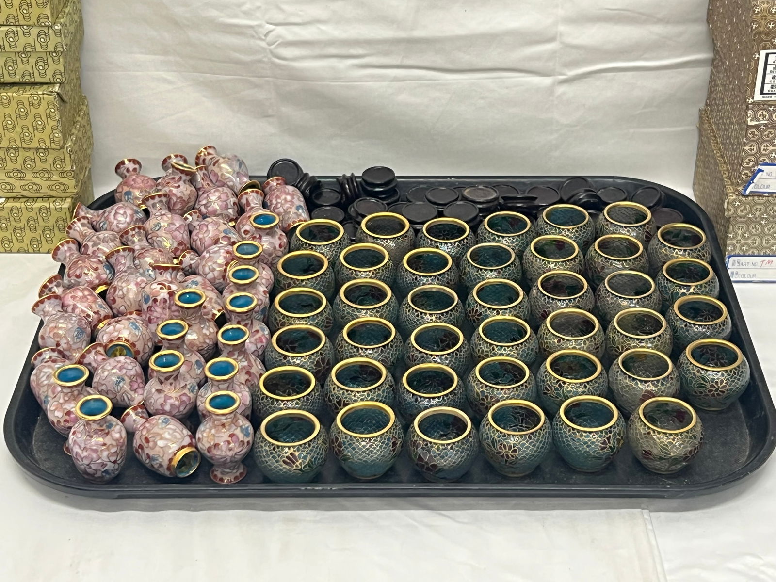 (75)Chinese Cloisonne Vase Urns, Enamel Bowls - All New Old Stock w/ Boxes - (35)Urns 2'' w/ Stands, (1 of 5)