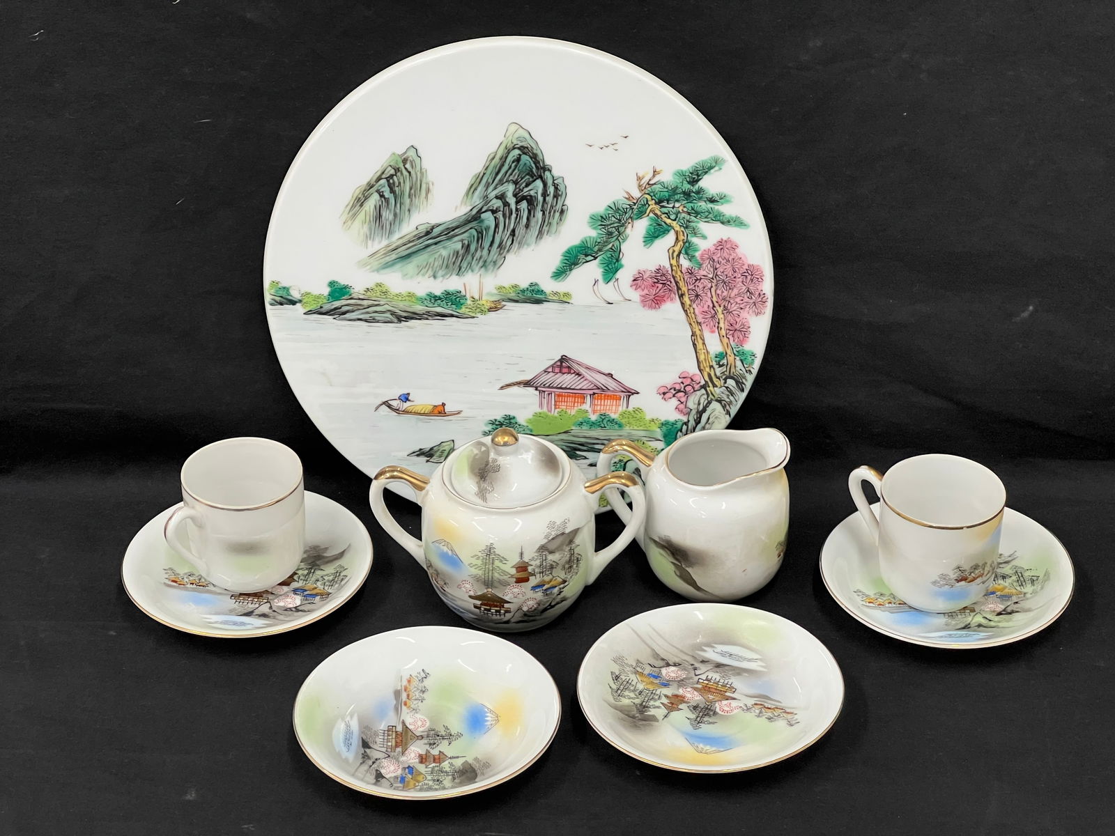 Asian Demi Cups, Saucers, Creamer, Sugar,Tray- Porcelain Trivet / Tray 9.5'', Saucers 4.5'', Cups: Asian Demi Cups, Saucers, Creamer, Sugar,Tray- Porcelain Trivet / Tray 9.5'', Saucers 4.5'', Cups 2.25'', Creamer 3'' , Sugar 4''