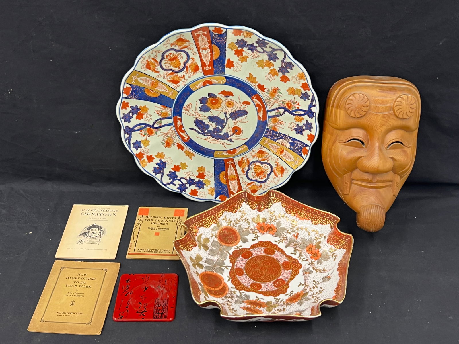Asian Items- Imari Platter, Mask,Books - Imari 14.5'', 1955 San Francisco Chinatown Book,: Asian Items- Imari Platter, Mask,Books - Imari 14.5'', 1955 San Francisco Chinatown Book, Roycrofters, Asian Bowl 11'' x 2'', Tile