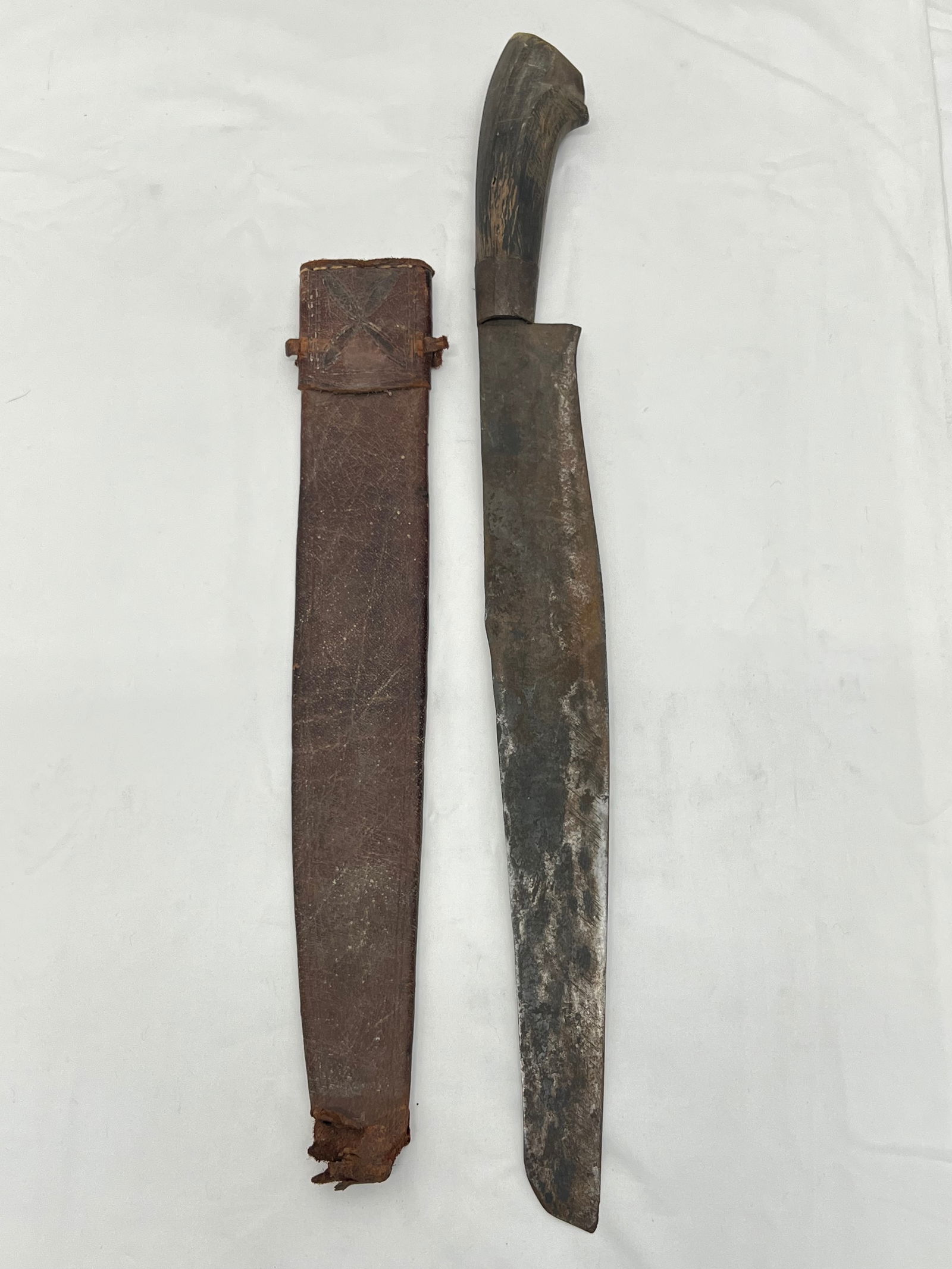Antique Hand Forged Machete w/ Horn Handle - Late 19thC Hand Forged Blade 15.5'', Leather Tooled (1 of 11)