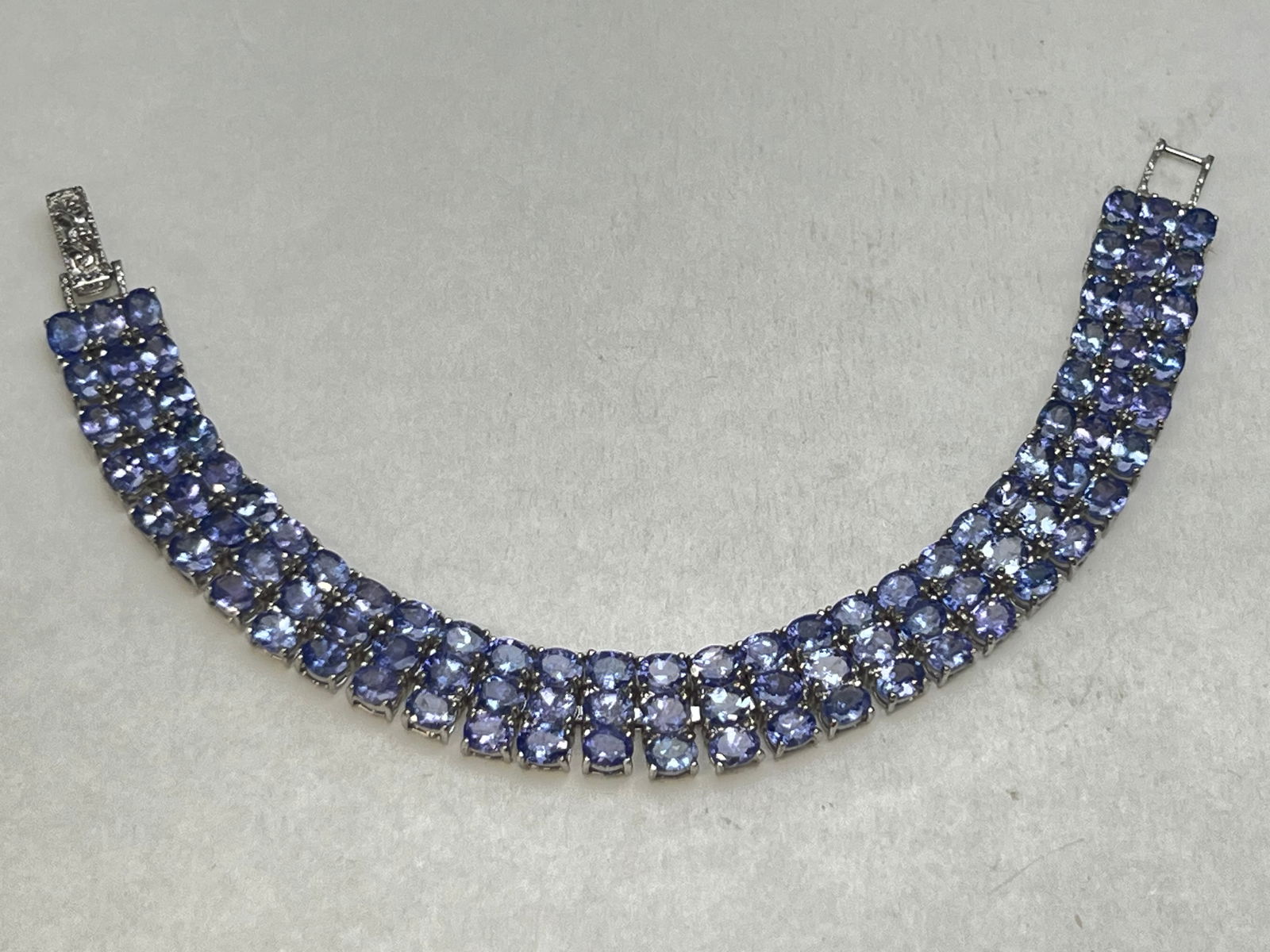 High Quality Natural Tanzanite Sterling Bracelet 7.5''L - 3 Row Top Quality Tanzanite Set in (1 of 6)