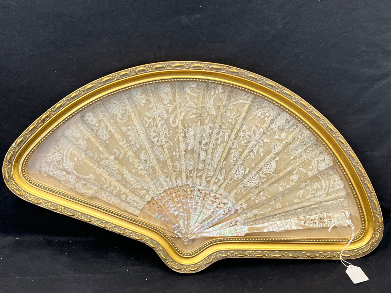 Victorian Battenberg Lace M.O.P. Fan Framed - Delicate Lace w/ M.O.P. Fan in Frame w/ Provenance - (1 of 4)