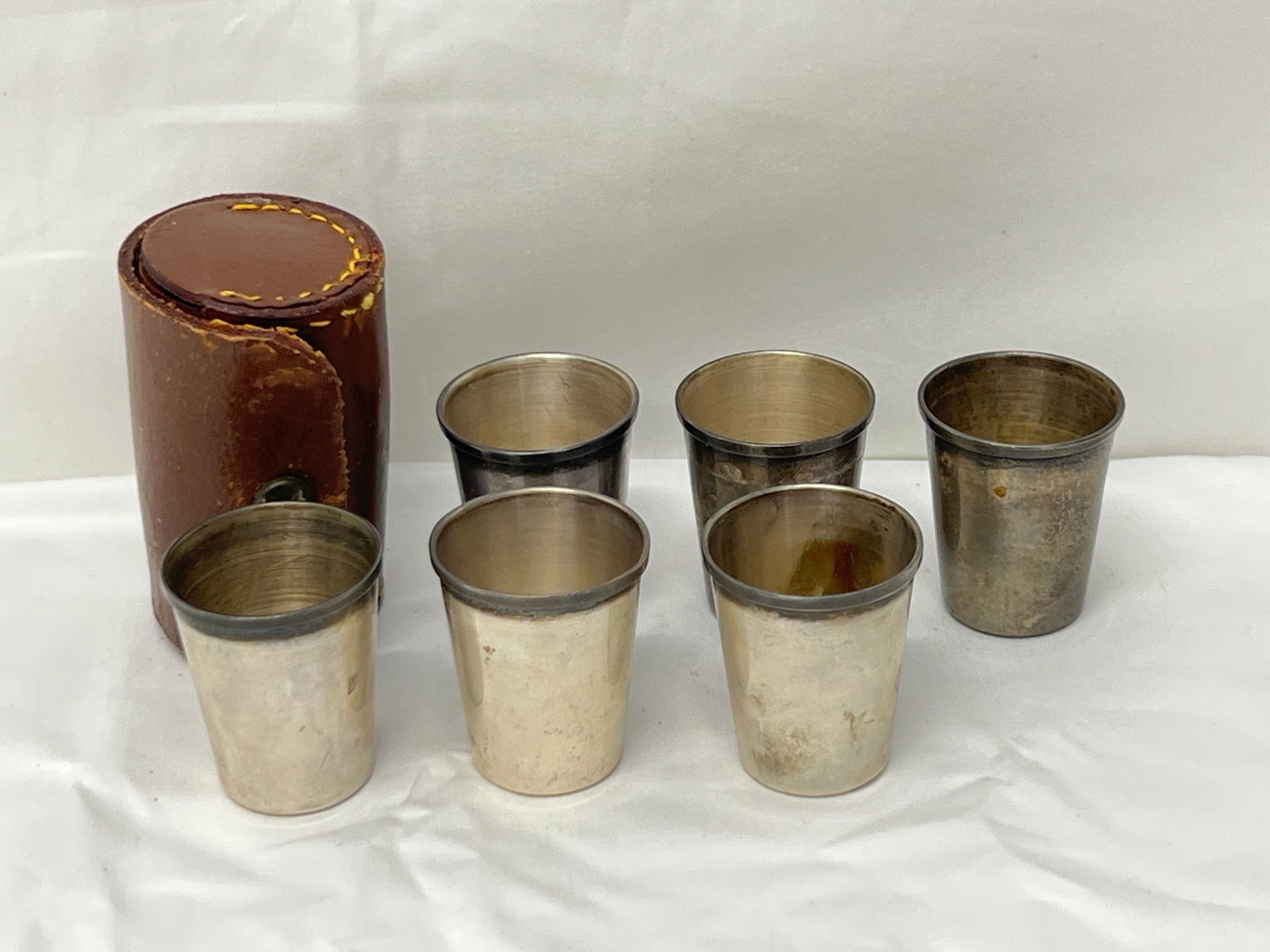 Vintage Sterling Mexican Shot Glasses w/ Case, 121g TW - (6)Sterling Shot Glasses w/ Leather Case - (1 of 4)