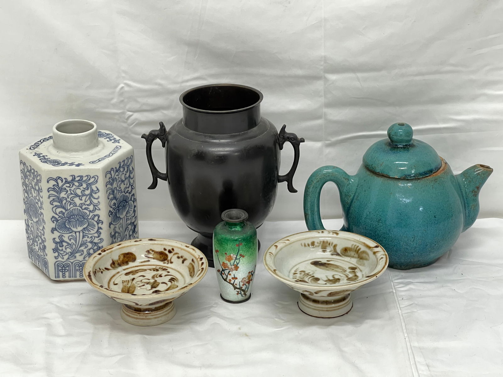 Asst Asian Items,Clay Teapot,Vase + More - Pedestal Bowls, Blue White Vase, Metal & More (1 of 12)