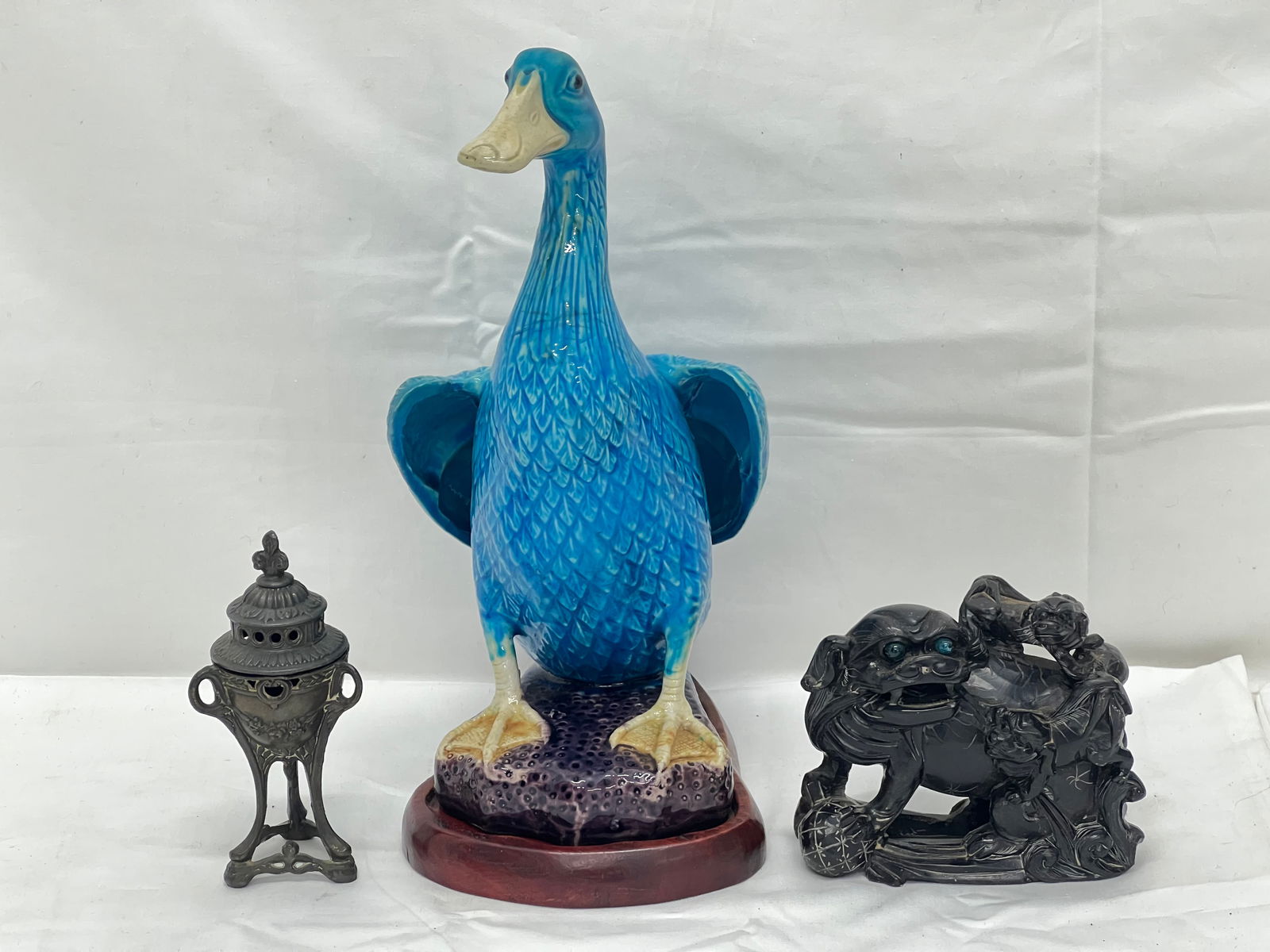 Chinese Carved Stone Foo Dog,Censor, Duck - Porcelain Chinese Duck w/ Wooden Stand 10''T, Hardstone (1 of 9)