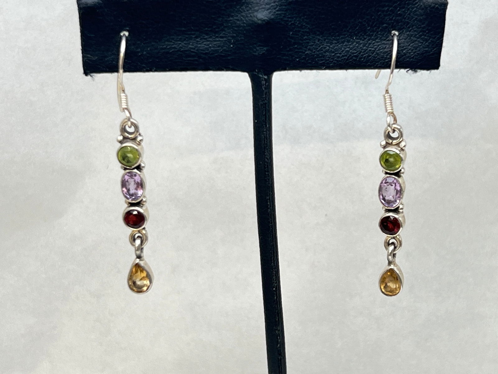 Sterling Silver Gemstone Dangle Earrings, 2''L - Peridot, Amethyst, Garnet & Citrine (1 of 3)