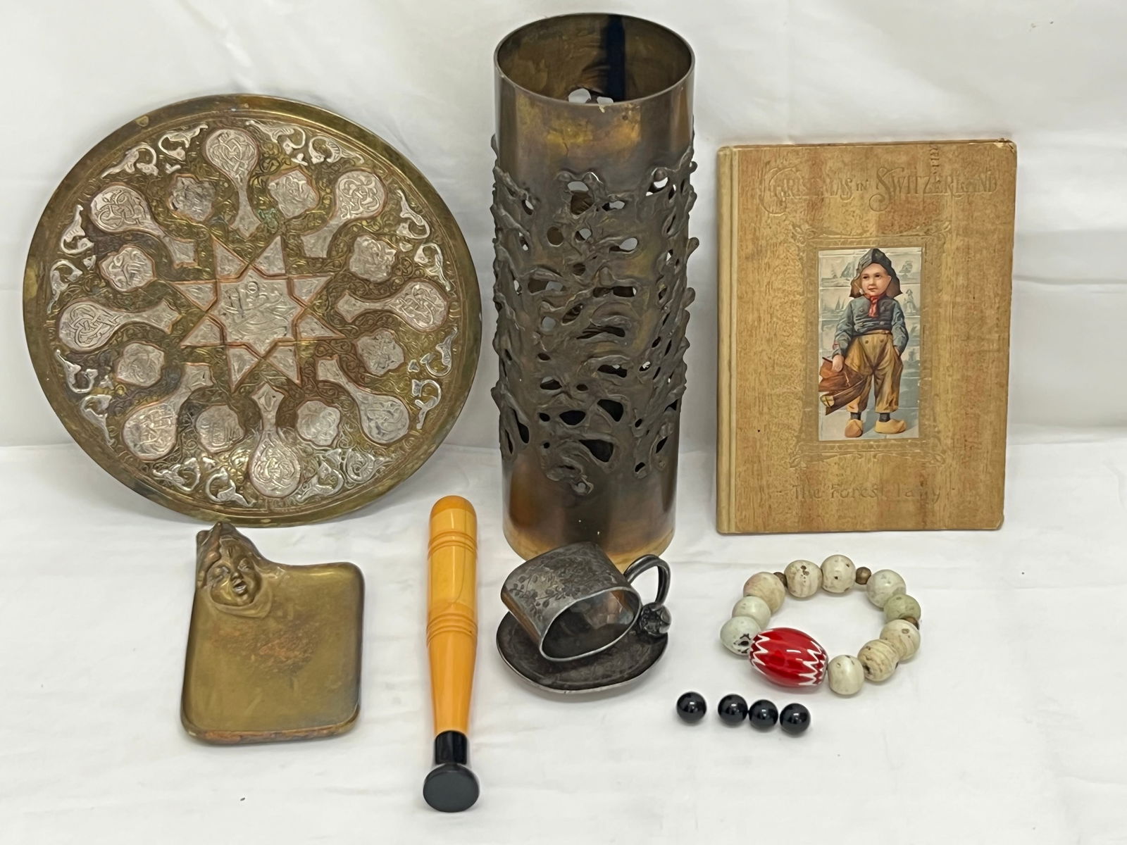 Asst Tray Lot-Art Nouveau Brass,Brutalist Cylinder, More - Islamic Metal Charger, 1896 Christmas (1 of 16)