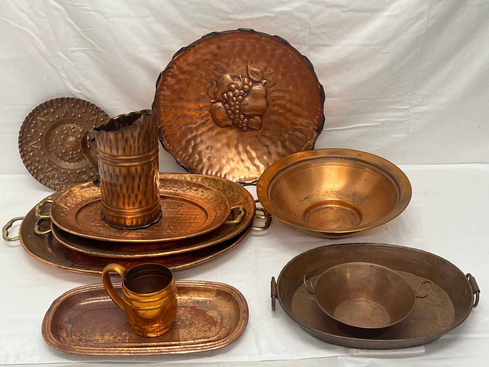 Lot Asst Copper Items, Hand Hammered + More - Hand Hammered Copper Platters, Pitcher, Bowls + More (1 of 14)
