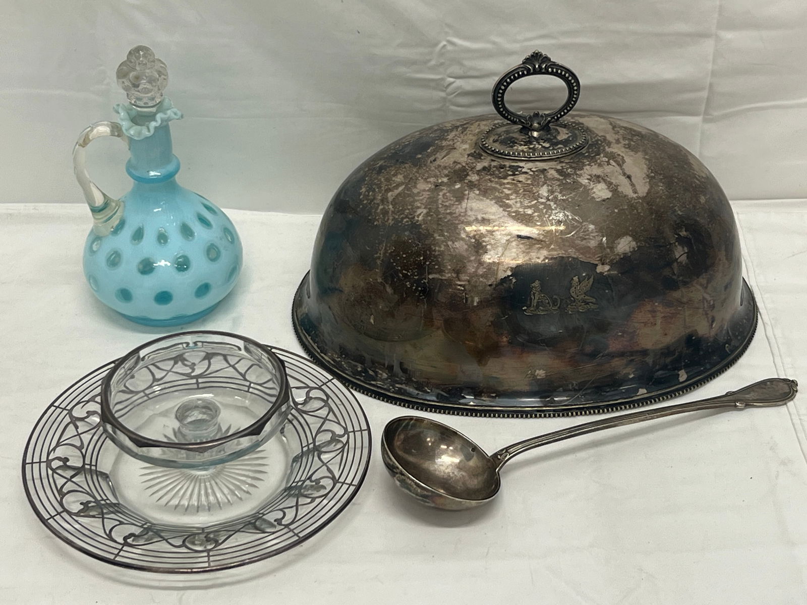 Atq Sheffield Silverplated Dome, Sterling Inlay,More - Sheffield Hallmarked w/ Bell Dome 14'' x (1 of 9)