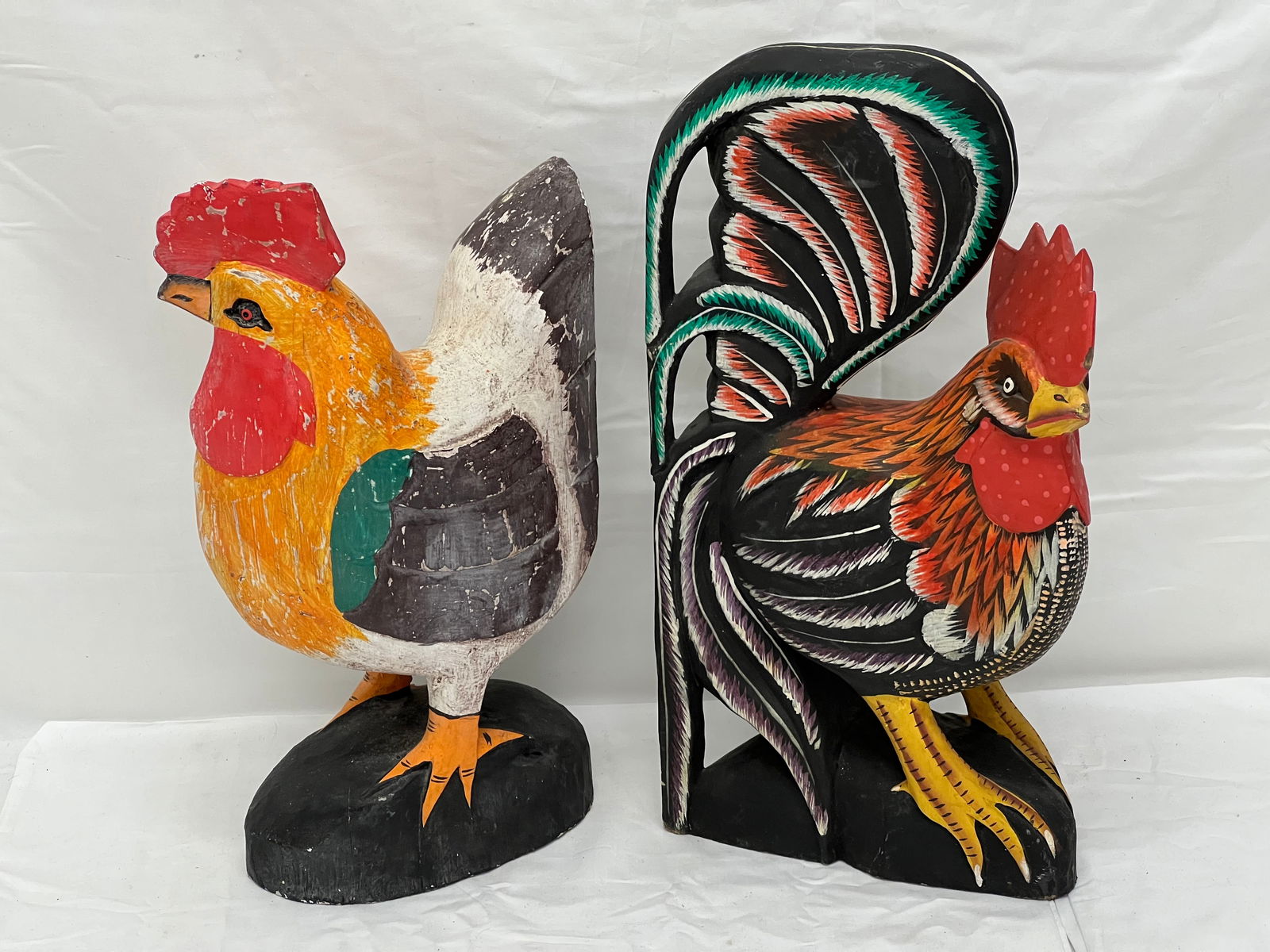 (2)Painted Wooden Rooster & Hen Figures - Rooster 16''T + Hen 15''T (1 of 4)