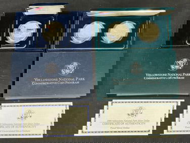(2)Yellowstone 90% Silver Dollar Coins w/ COAs - (1)Set Silver Dollar Commemorative Coins w/ Proof &