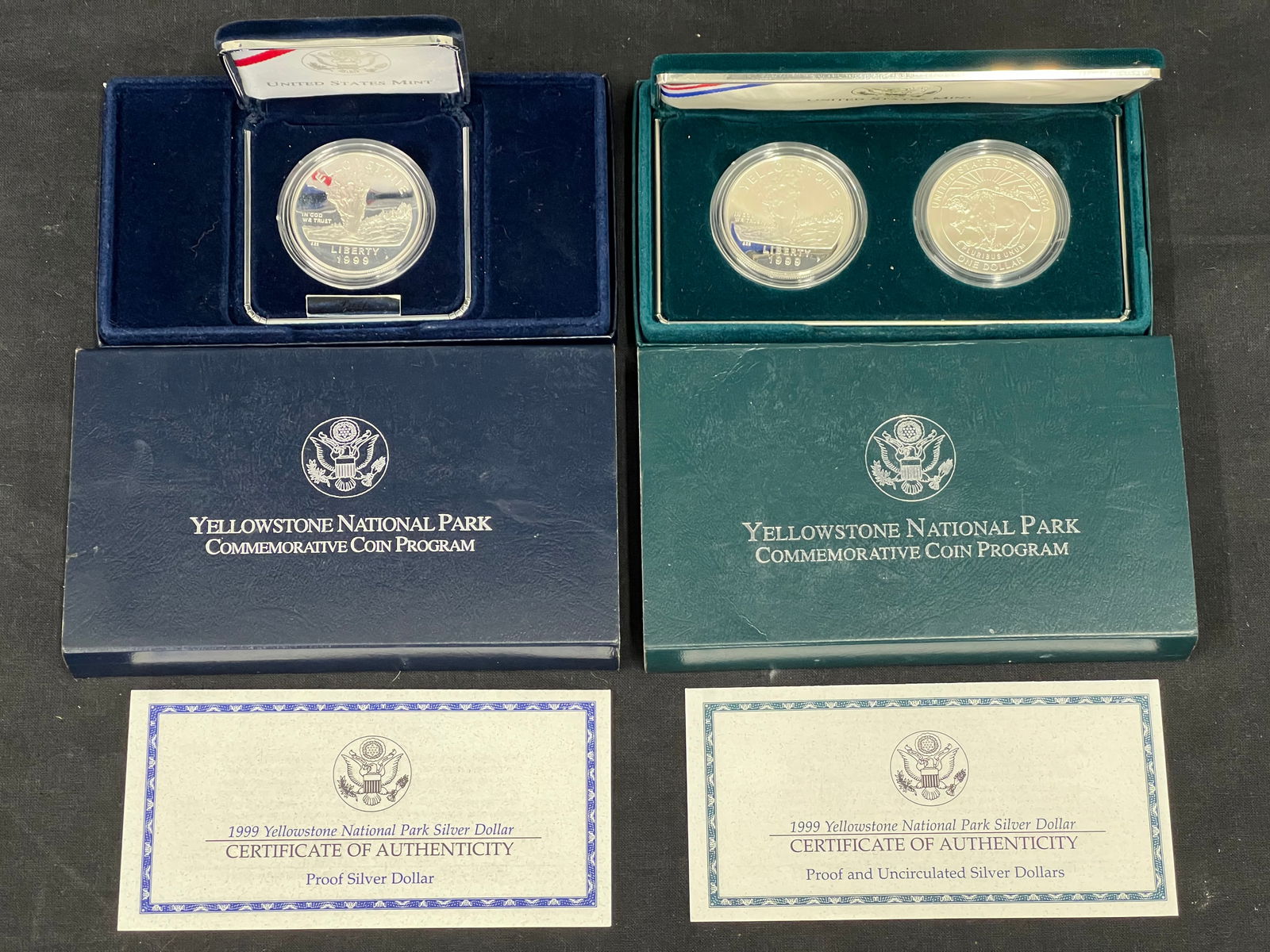 (2)Yellowstone 90% Silver Dollar Coins w/ COAs - (1)Set Silver Dollar Commemorative Coins w/ Proof & (1 of 5)