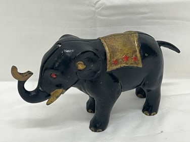 Atq Cast Iron Mechanical Elephant Bank - Painted Black & Gold w/ 3 Red Stars - Press Tail to Move