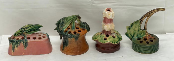 (4)Vintage Roseville Pottery Flower Frogs - All Signed #d - 3.5'' to 5''T