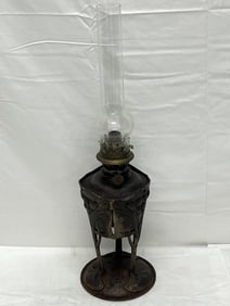 Art Nouveau Cast Iron Oil Lamp - Footed Cast Iron 6.5'' Base x 9''T - Overall 22.5''T w/ Hurricane