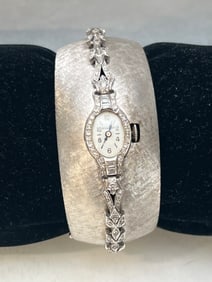 Vintage Custom 14K Bracelet w/ Platinum Bulova Watch - Working Watch w/ (6)Baguette Cut Diamonds