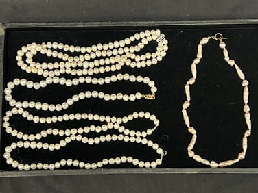 (5)Natural Pearl Necklaces, (1)is Double Strand - See Photos