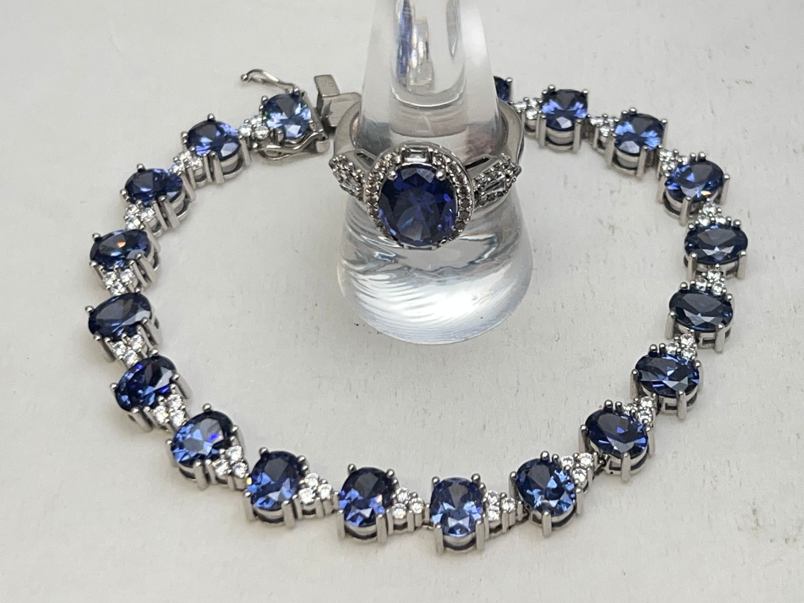 High Quality 30cts Lab Tanzanite Bracelet & Ring Sterling- Both Tanzanite set in Sterling Silver , (1 of 7)