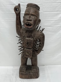 Early Carved African Sculpture Figure - Figure w/ Glass & Nails 25''T