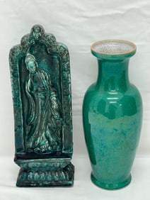 Asian Figural Pottery + Crackle Vase - Clay / Pottery Statue Art 5'' x 1'' x 13.5'' , Vase 12''T