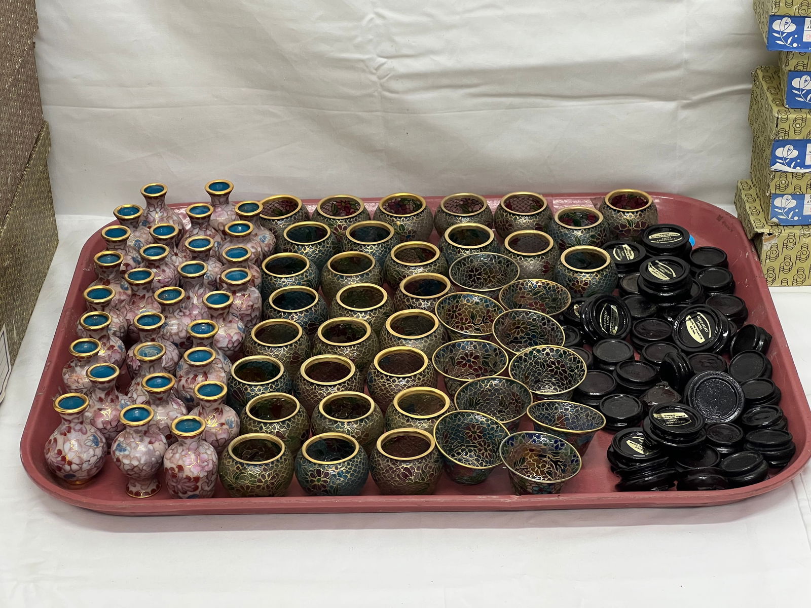 (70)Asst Chinese Miniature Cloisonne, Enamel - (30)2'' Vases w/ Wood Stands, (40)Asst Enamel Bowls (1 of 8)