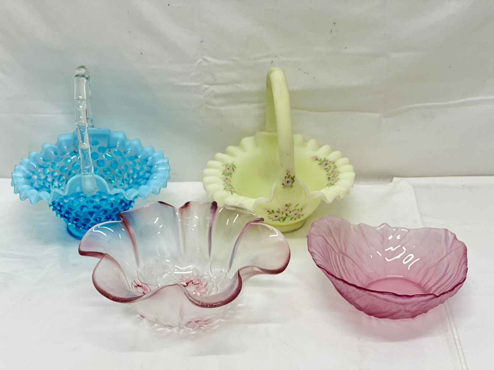 2 Vintage Fenton Baskets, Rosella + Pink Glass Bowls - Fenton Handpainted Signed M.Dickenson, (1 of 6)