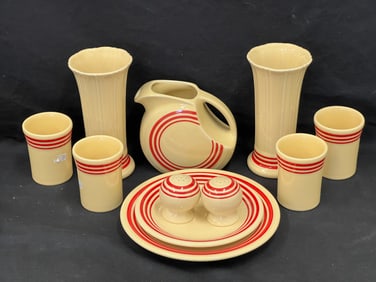 11pc Vintage Fiesta Ware HLCCA Red Stripe Pottery (2)Vases 3.75'' x 7.75'', Disk Juice