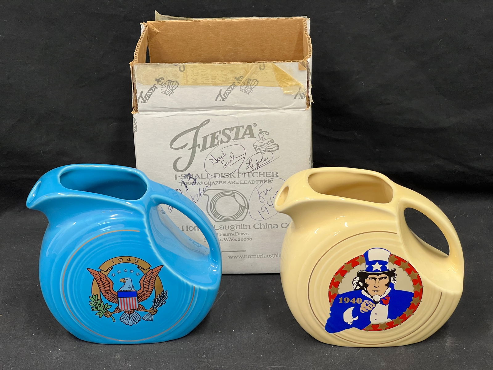 (2)Fiesta Ware Disk Juice Pitchers HLCCA Exclusive - 1940 Uncle Sam + 1945 American Eagle Small Disk (1 of 4)