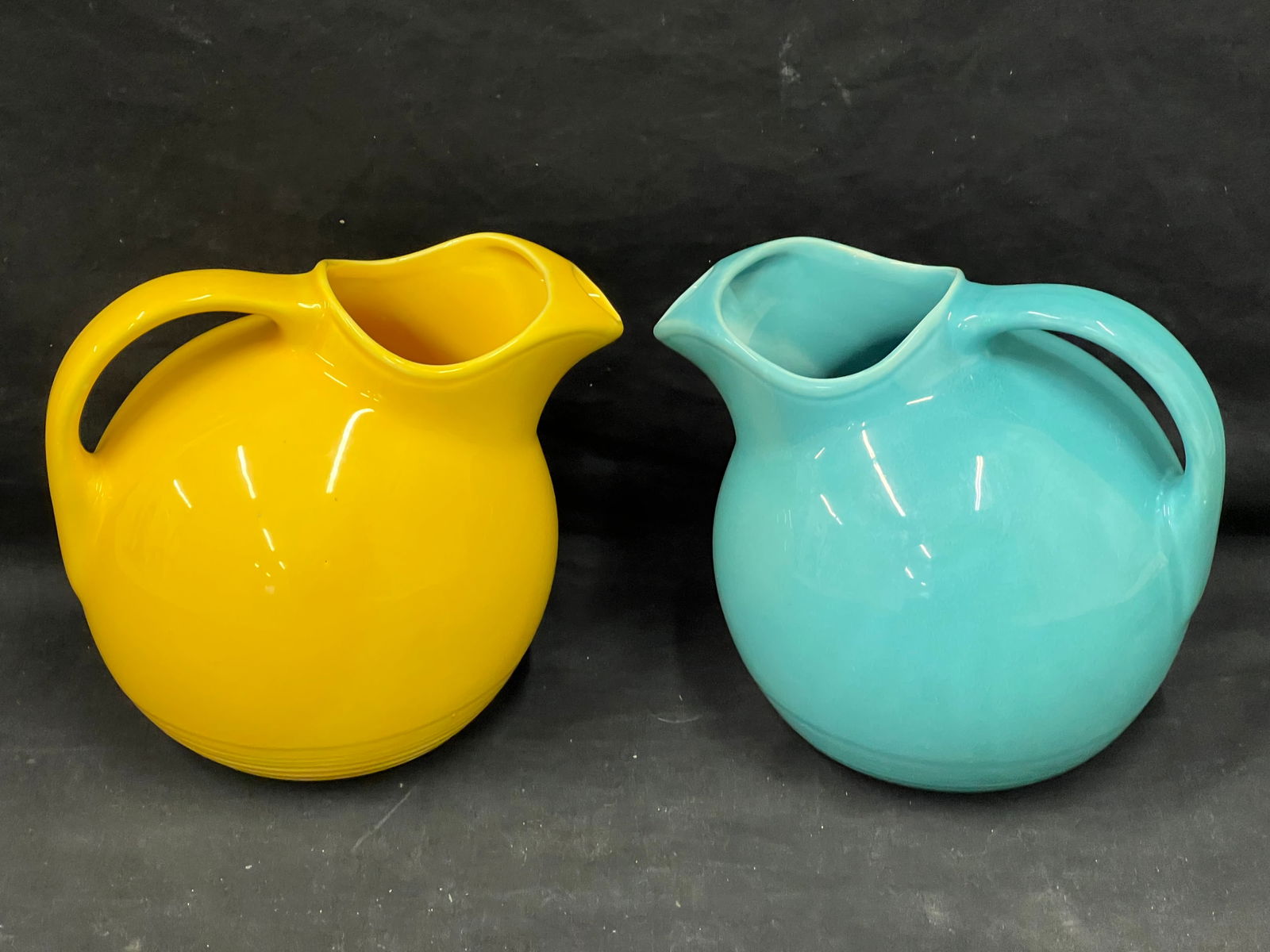 (2)Vintage Hall Ball Style Pitchers - Large Yellow, Turquoise: (2)Vintage Hall Ball Style Pitchers - Large Yellow, Turquoise