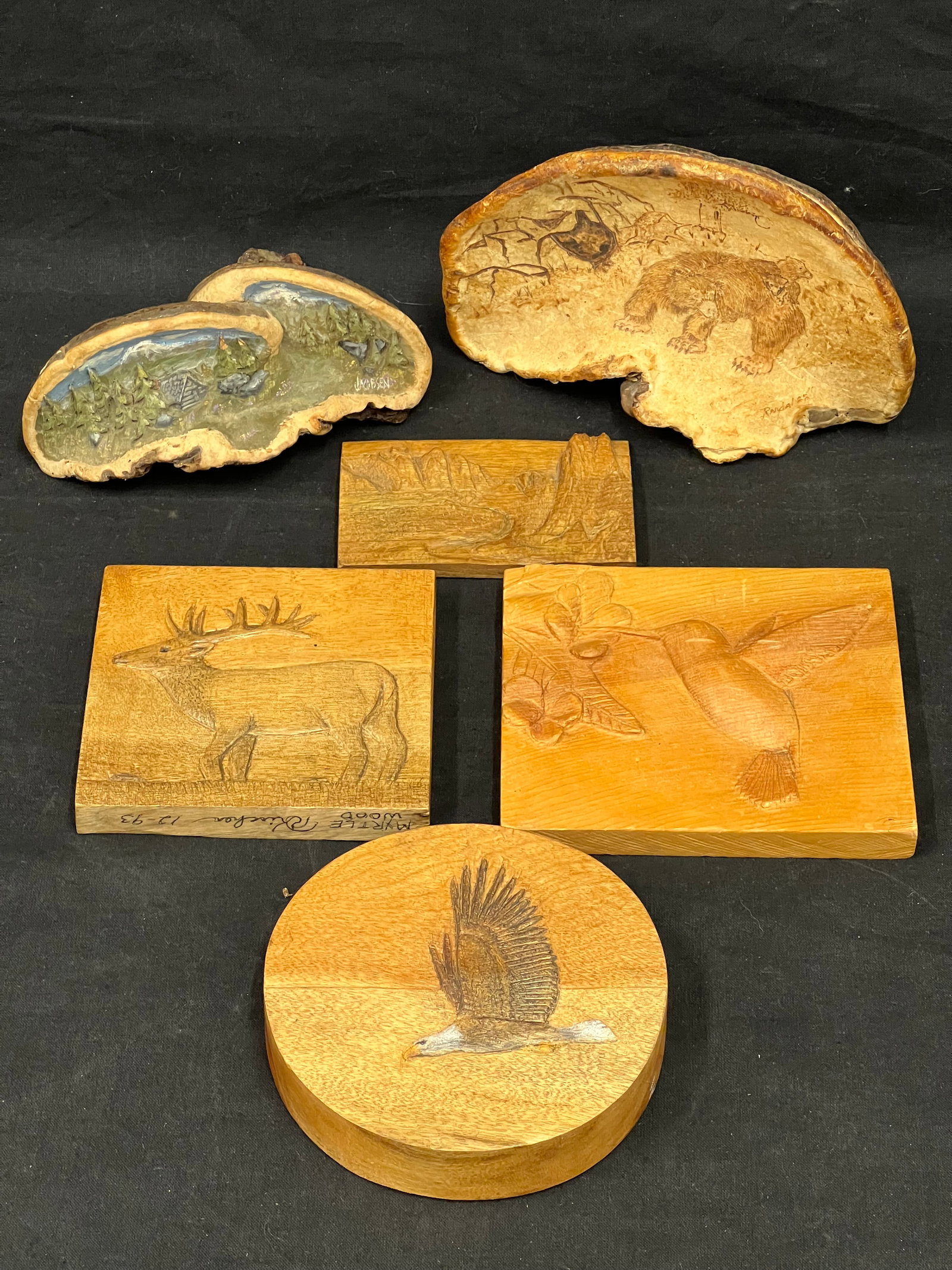 Petrified Mushroom & Mrytle Wood Art - (2)Mushroom Art Signed w/ Mountain Cabin Scene + (1)Bear: Petrified Mushroom & Mrytle Wood Art - (2)Mushroom Art Signed w/ Mountain Cabin Scene + (1)Bear Scene, Asst Mrytle Wood - Eagle, Deer/Elk + More