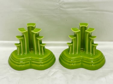 Pr Vintage Fiesta Ware Pyramid Candleholders 4'' x 3.5'' - Chartreuse Color