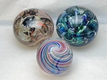 (3)Signed Art Glass Paperweights - Robinson Scott, Rice + Other