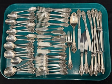 74pcs Wallace Sterling Grande Baroque Silverware - Set for 12 + Serving Fork & Spoon, Soup &