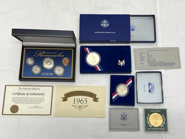 1986 Liberty .900 Silver Dollar, Half Dollar, 1965 Coin Set - 22ct Gold Plated Washington Medallion