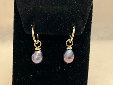 Natural Black South Sea Pearl Earrings - 14K Gold Over Sterling Hoop Pierced Earrings - From San