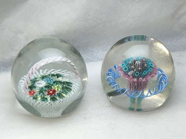 (2)Murano Art Glass Flower Basket Paperweights - (1)Has Sticker