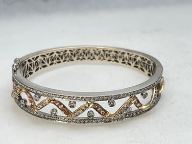 14K Gold Two Tone Diamond Bangle Bracelet - Diamond Bangle 14K Two Tone w/ 2.25 Total Cts Fine