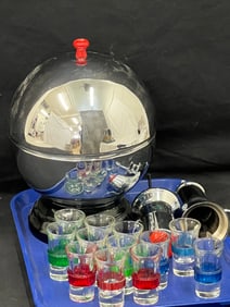 MCM Chrome Liquor Dispenser Shot Glass Holder - Mid Century Modern Chrome Sphere 12 Shot Glasses