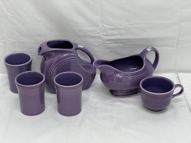 6pcs Fiesta Ware Pottery Lilac Purple 1993-1995 - Juice Disk Pitcher, Gravy Boat, (3)Tumblers, Mug